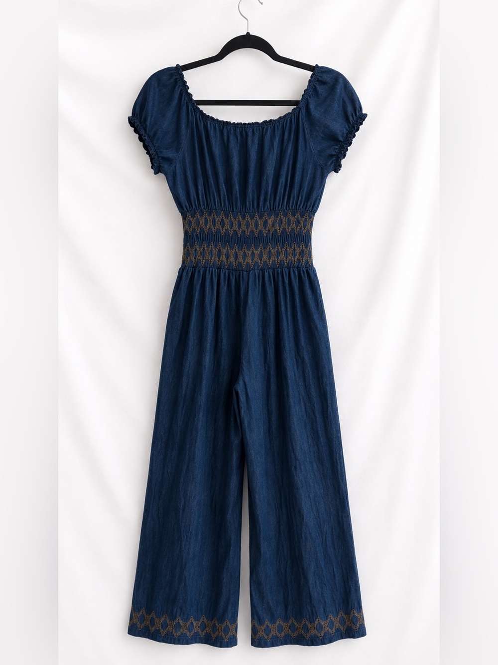 Indigo & Lace Chambray Smocked Wide Leg Jumpsuit Boho Cottagecore Pockets Medium - Picture 3 of 9